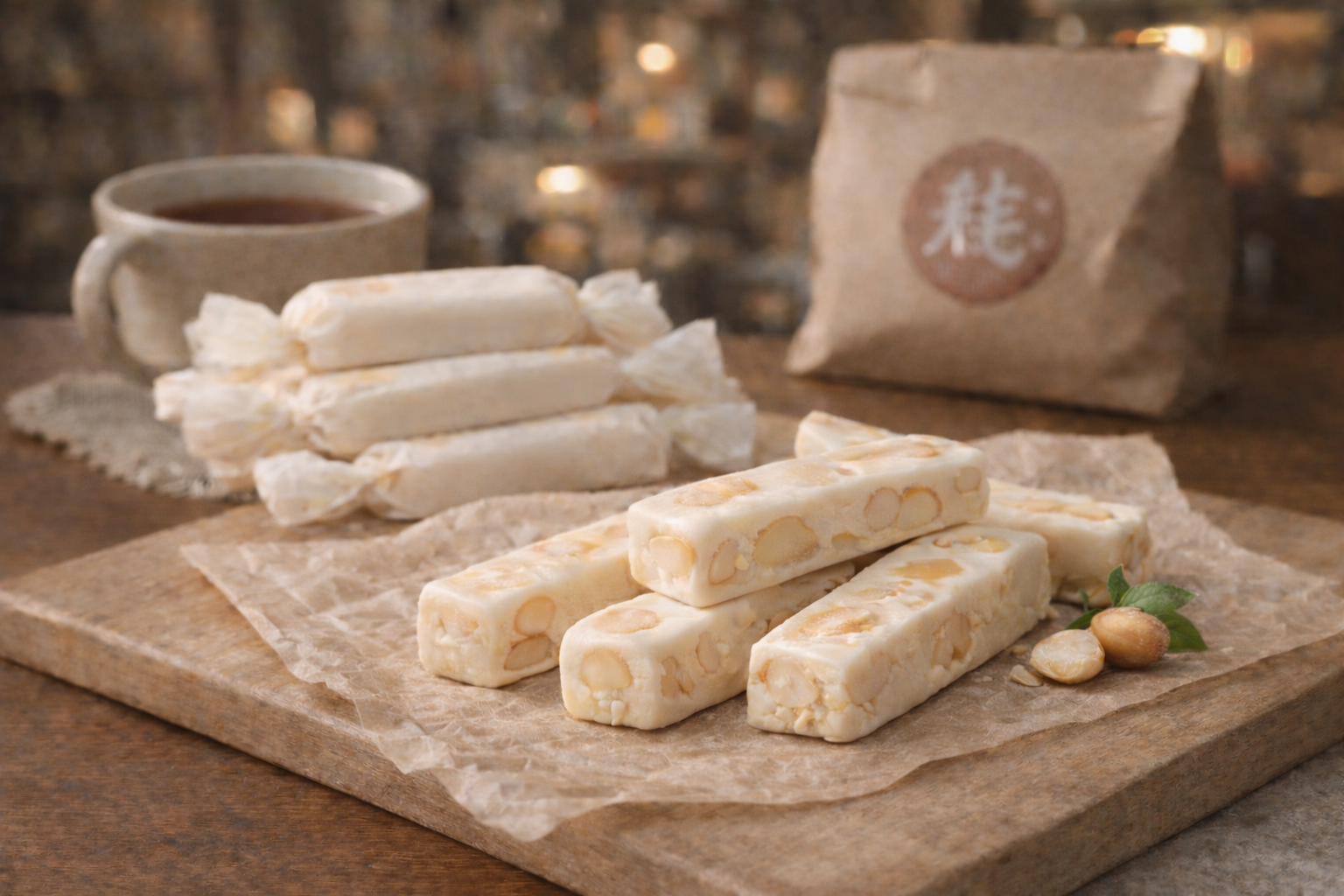 カフェで愛された牛軋糖。お茶とクラフト袋に包まれたヌガー。